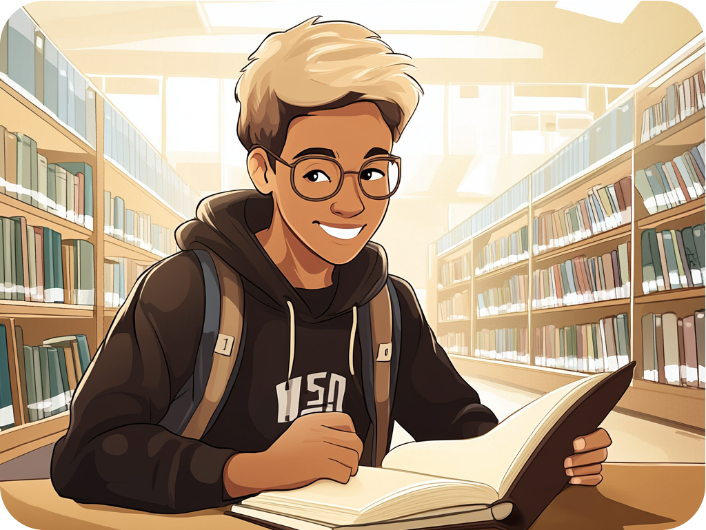 young man studying in a college library, smiling at camera