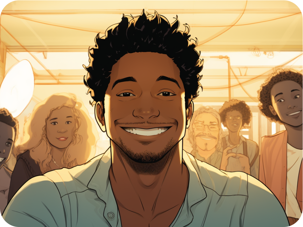 young man smiling while spending time with friends