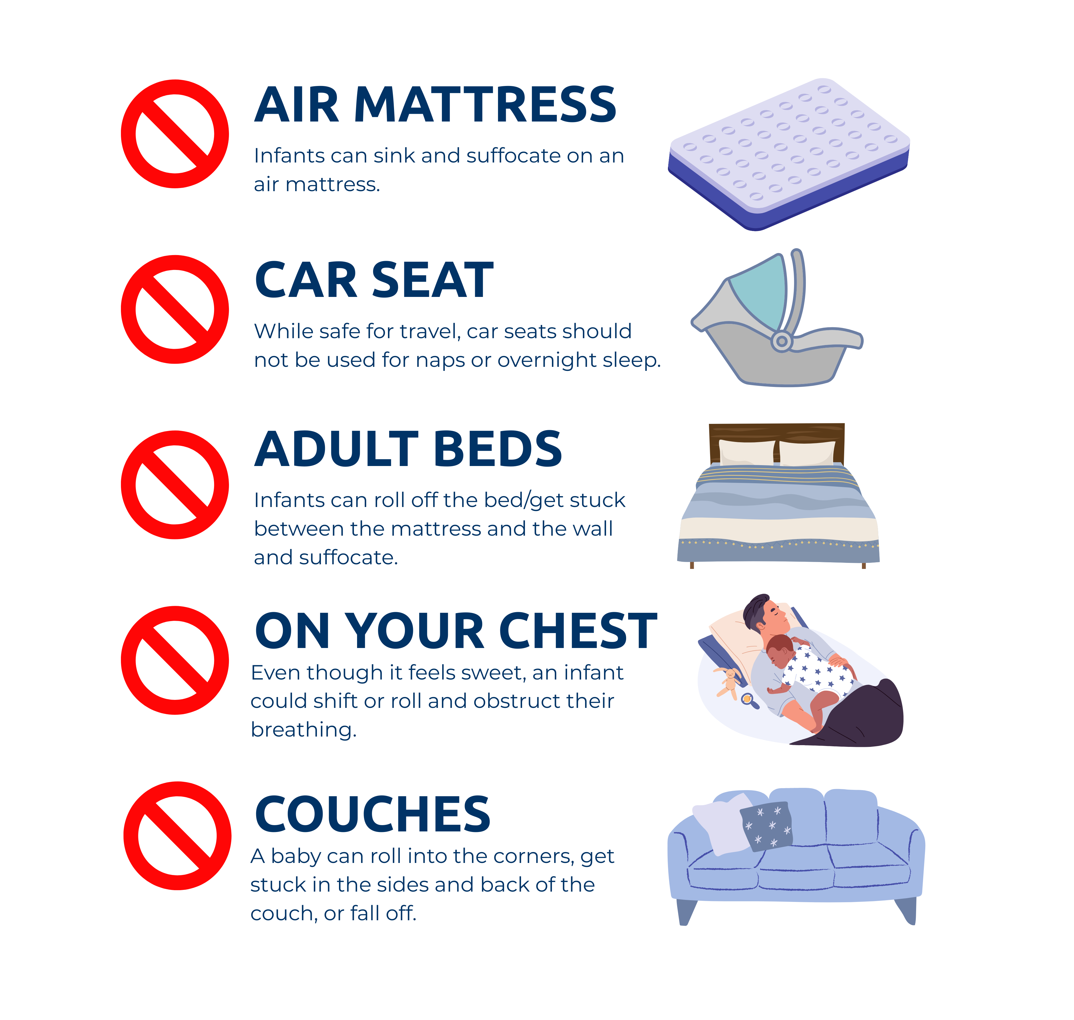 various images of unsafe places for a baby to sleep