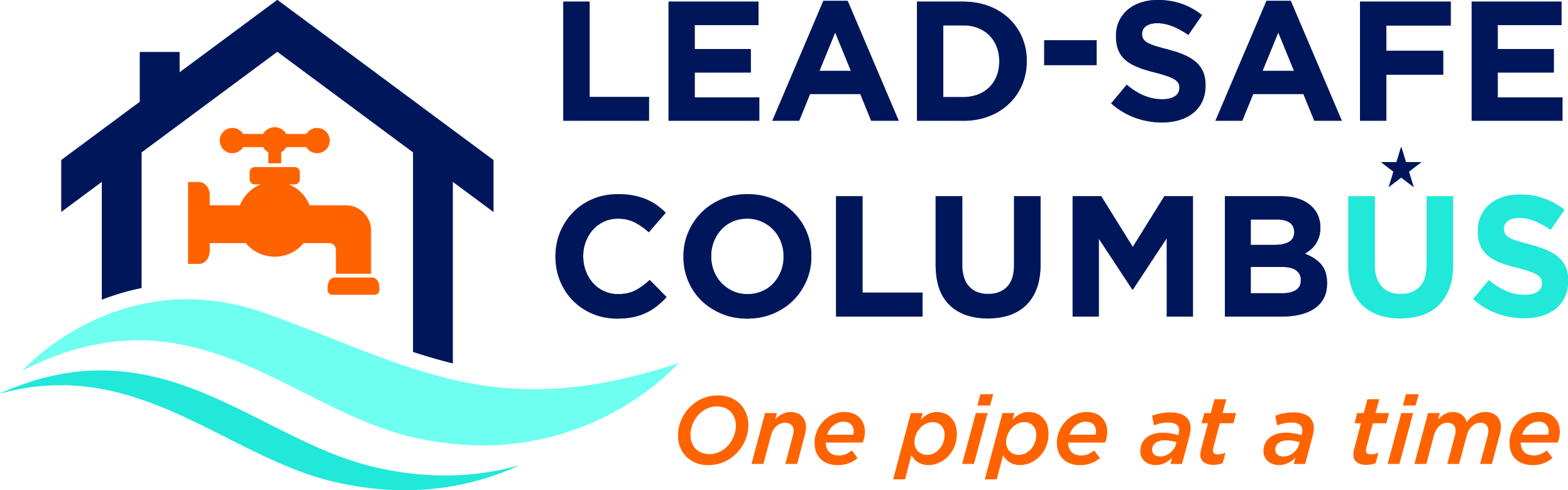 Logo for Lead-Safe Columbus featuring a house with a water faucet and flowing water, with the text “Lead-Safe Columbus” and the tagline “One pipe at a time.”