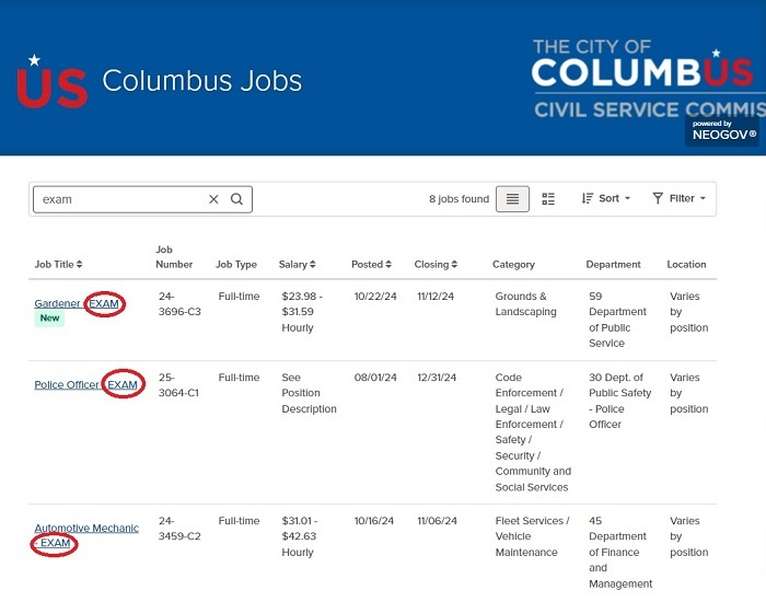 Samples of the City of Columbus listing of jobs. Shows three job titles and descriptions with the word