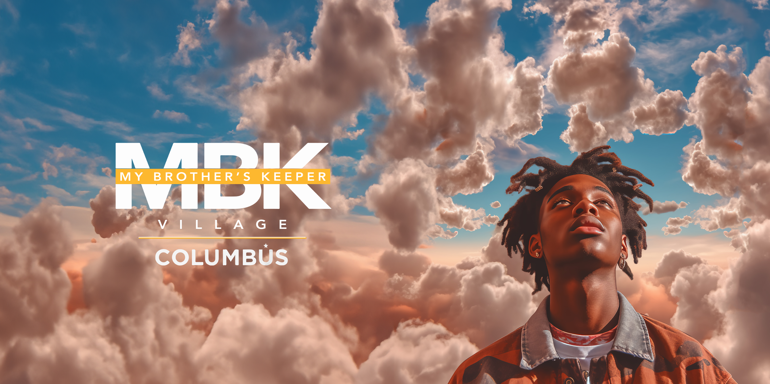 MBK Logo on the left and Illustration of Young Black Male on Right with clouds in the background