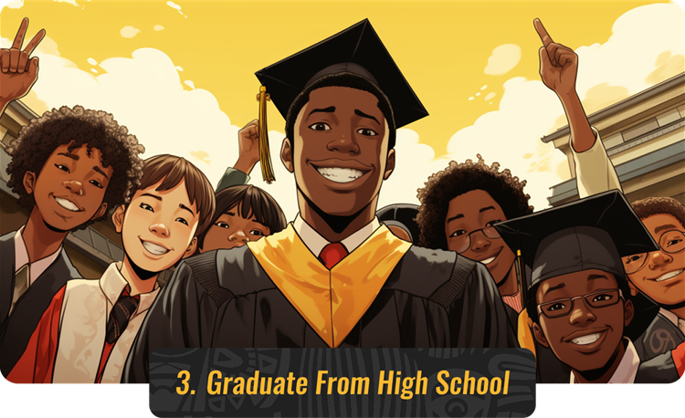 Animated young man graduating high school in cap and gown with text 