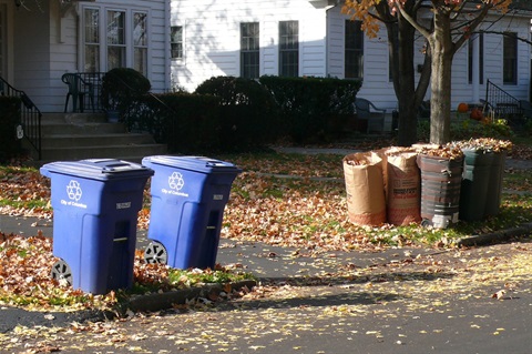 A picture of recycling containers and bagged yard waste at the curb for collection.. 