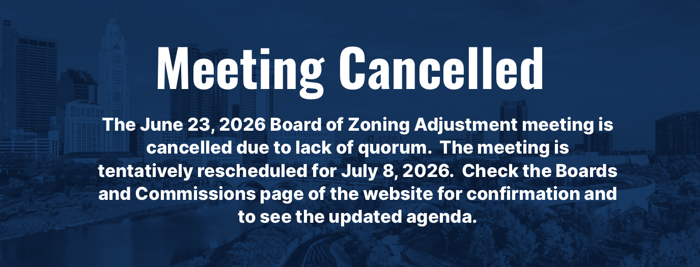 blue banner with white text that says The June 23, 2026 Board of Zoning Adjustment meeting is cancelled due to lack of quorum