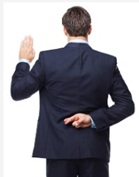 Male taking oath to tell truth while crossing fingers behind his back