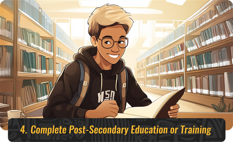 Young man in college library with text 