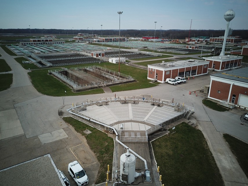 an aerial view of the Southerly plant's innovative flow splitter. The flow splitter can direct excess wastewater from Jackson Pike through an interconnect sewer to be treated at the Southerly plant instead.