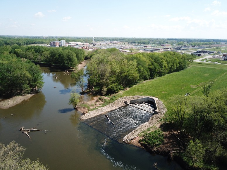 an aerial view of the Southerly Plant's effluent release. After wastewater has been fully treated and cleaned, it gets released back to the river.