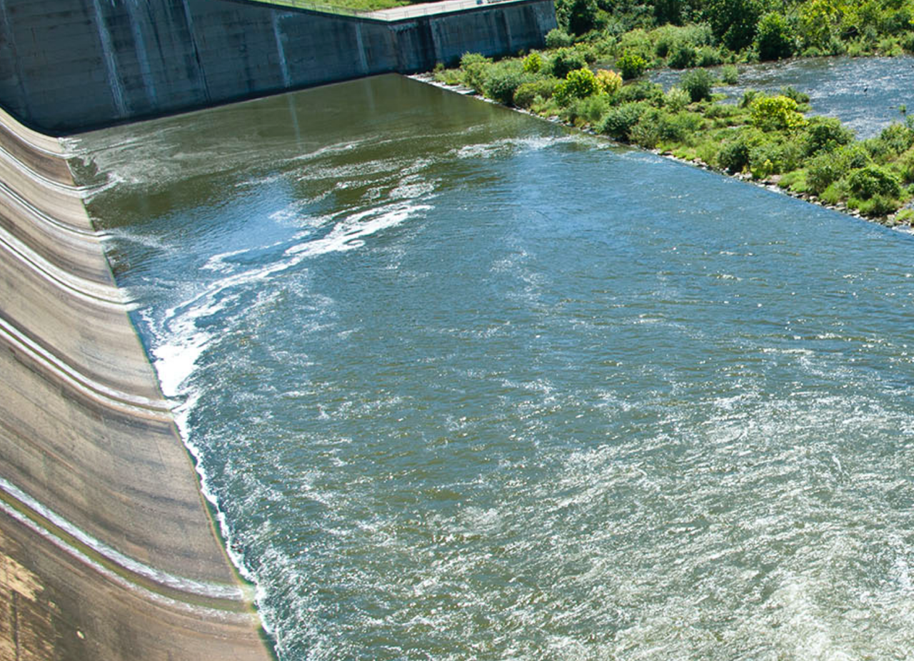 Image of Hoover Dam with Reservoir to the left with green trees